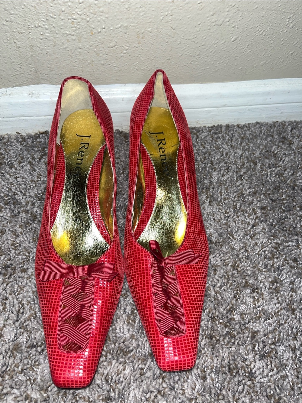 J.Renee Red Textured Pointed Toe Bow Pumps